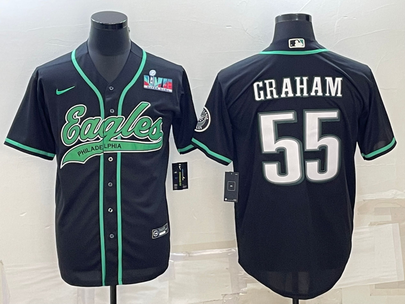 Men's Philadelphia Eagles #55 Brandon Graham Black With Super Bowl LVII Patch Cool Base Stitched Baseball Jersey Men's Philadelphia Eagles #55 Brandon Graham Black With Super Bowl LVII Patch Cool Base Stitched Baseball Jersey